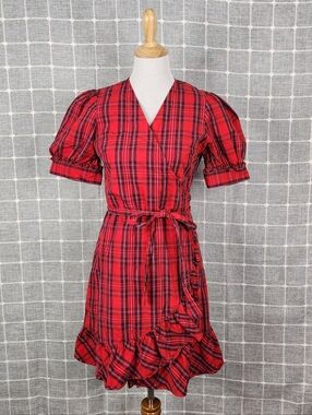 Draper James Red Plaid Wrap Dress with Ruffle Hem